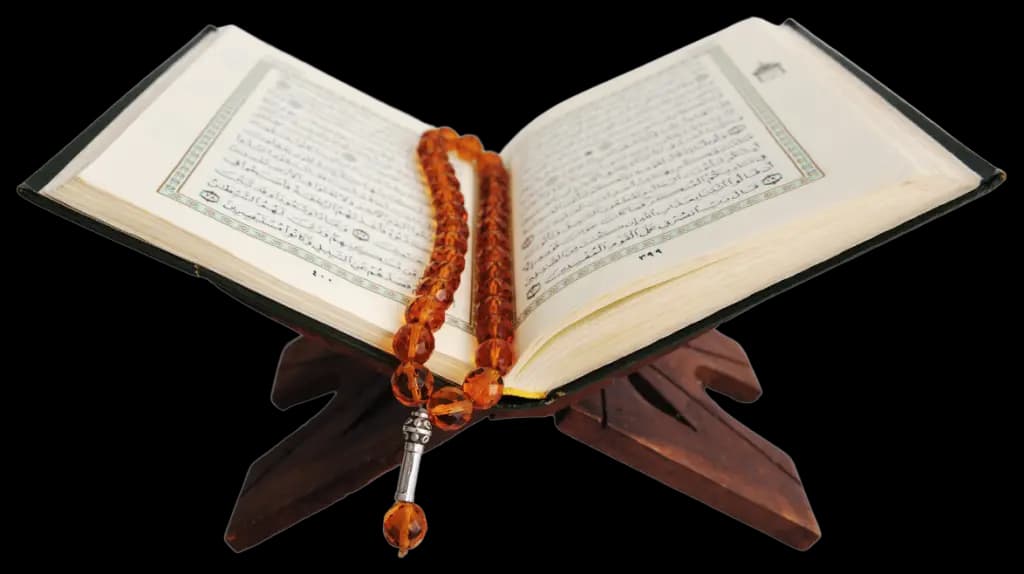 The Quran resting on a wooden rehal stand