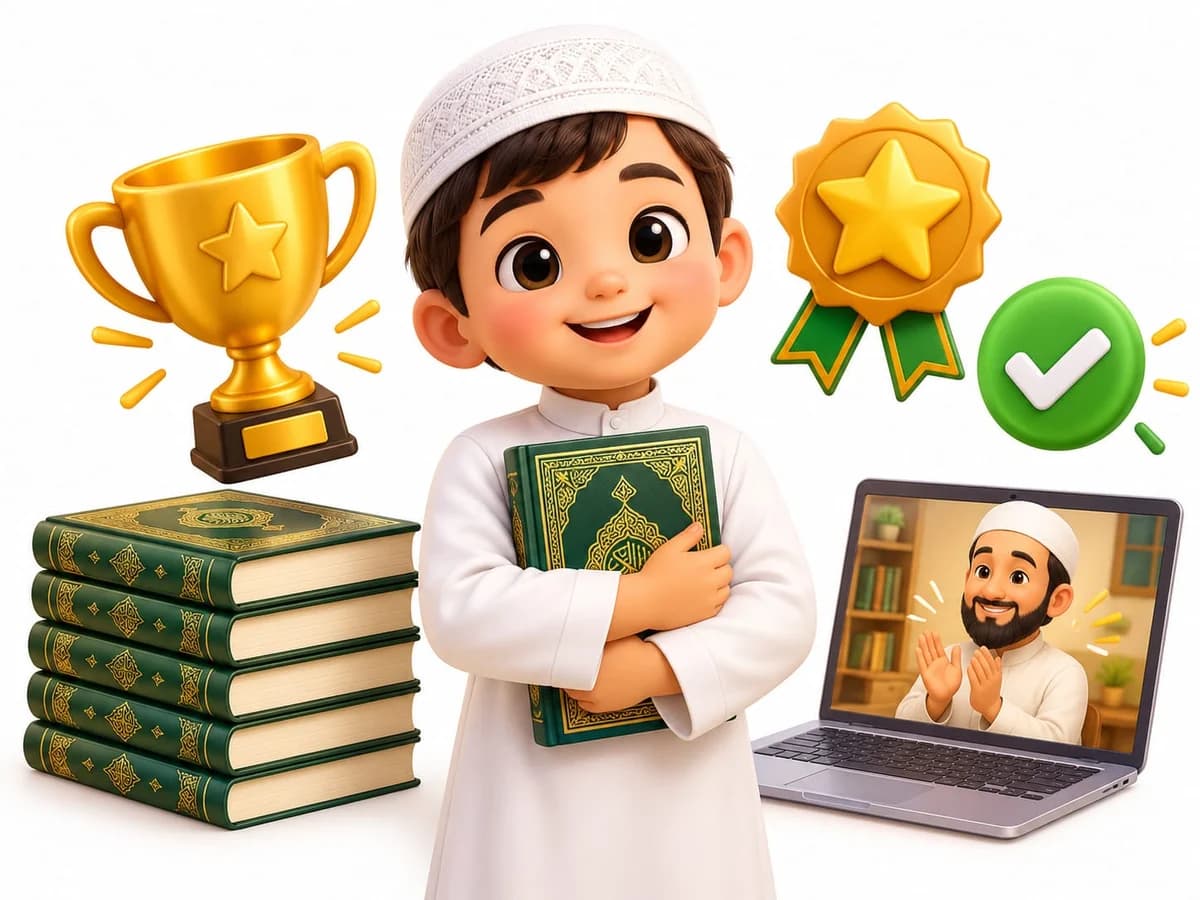 A proud boy hugging the Quran after a Hifz lesson with his teacher