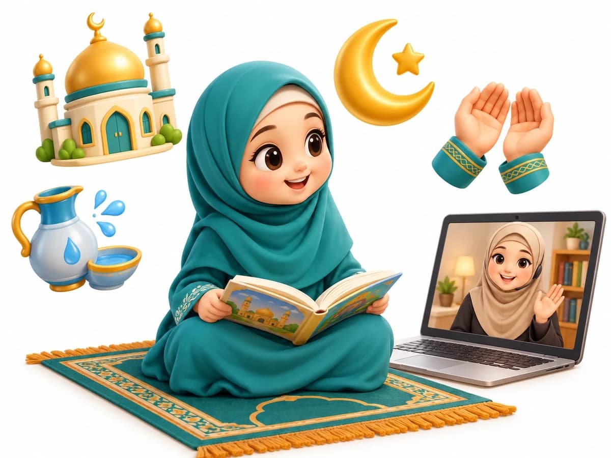A girl reading an Islamic storybook on a prayer mat during an online lesson