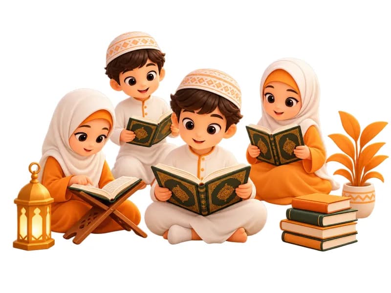 Illustration of children reading the Quran together