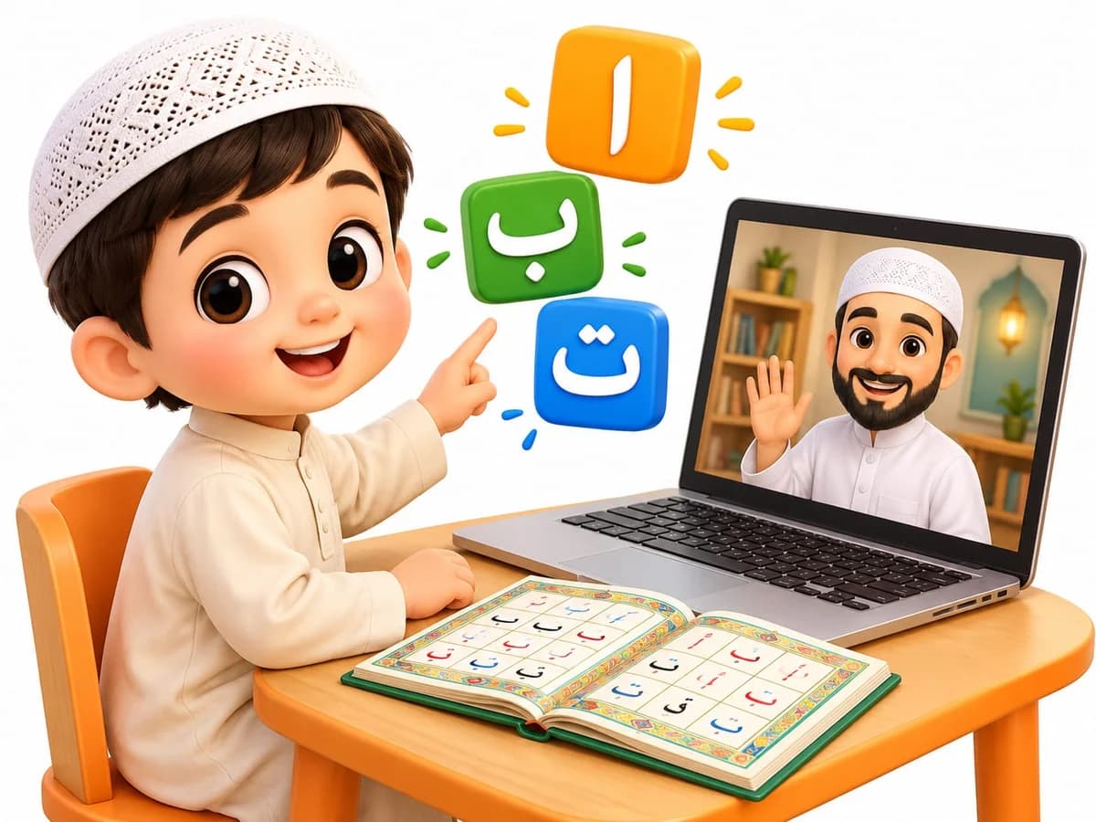 A boy pointing at Arabic letters during a live online Qaida lesson