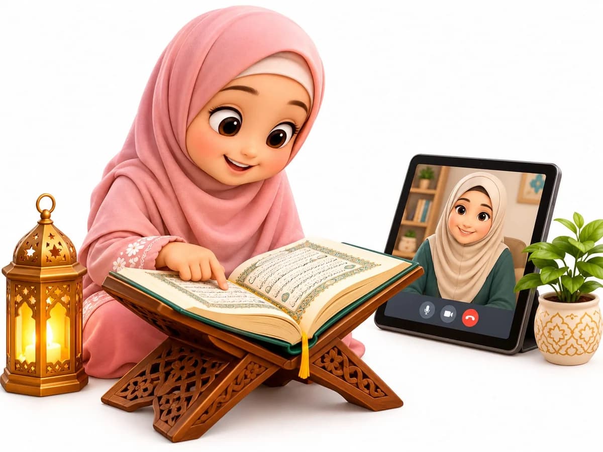 A girl reading the Quran on a rehal while her teacher listens online