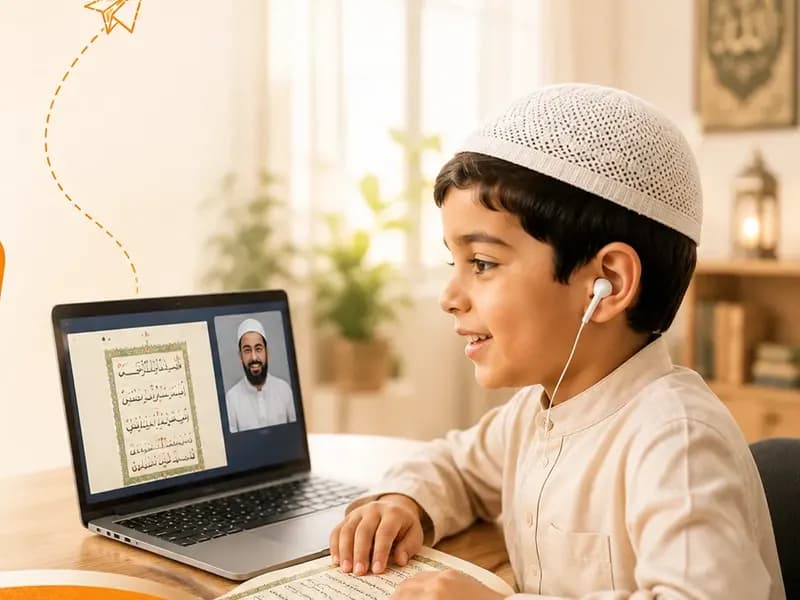 A child reading along with his teacher in an online Quran class