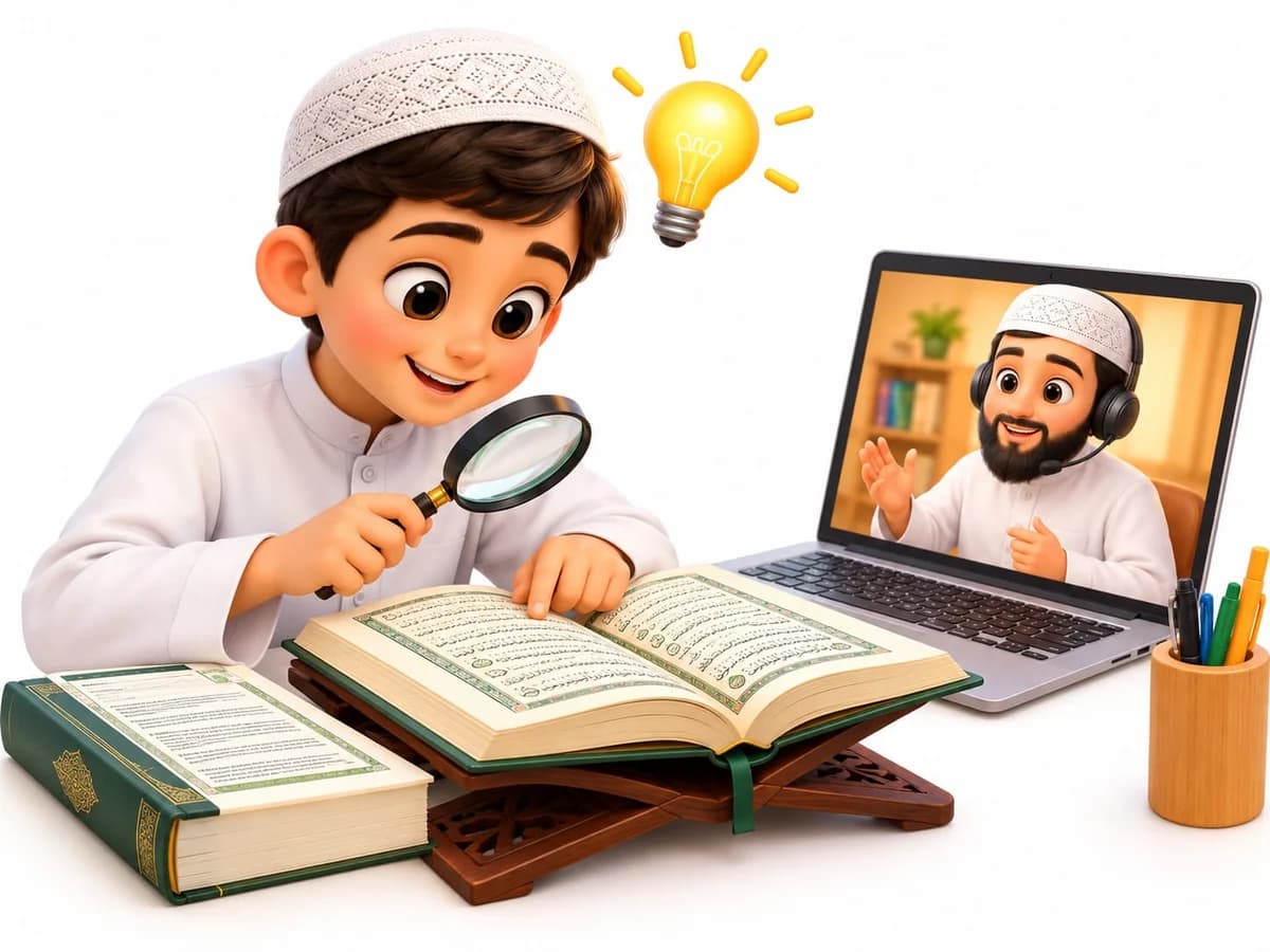 A student following a Tafseer lesson with the teacher on screen