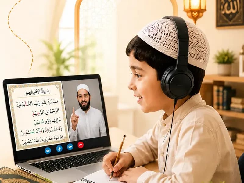 A student reciting to his teacher in a live online class