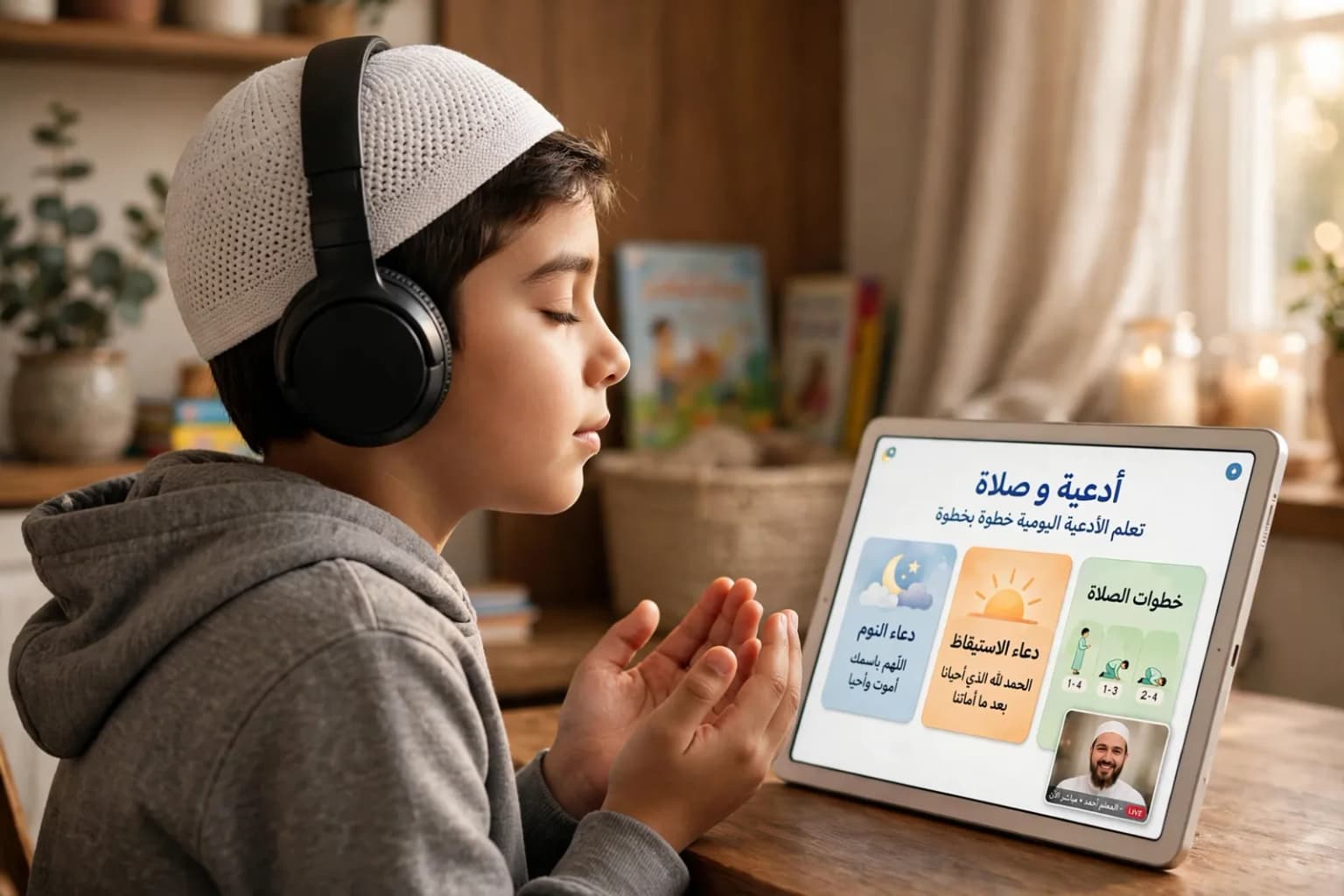 A boy with headphones raising his hands in dua while his teacher teaches daily duas and salah on a tablet