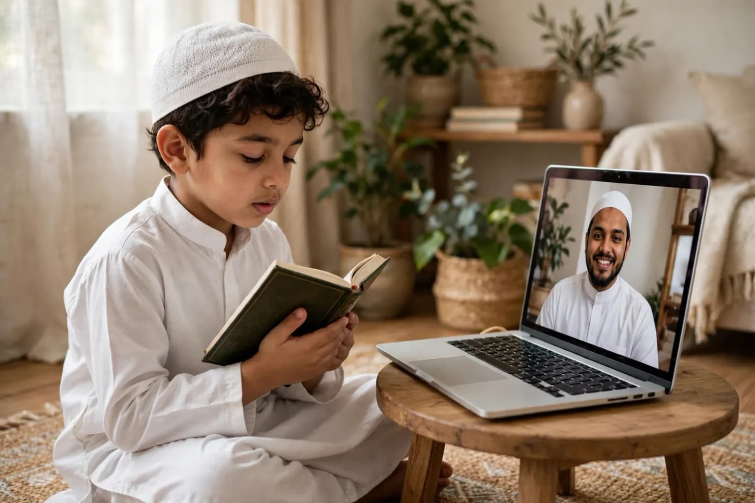 A boy reciting the Quran to his teacher in a live one-to-one online class