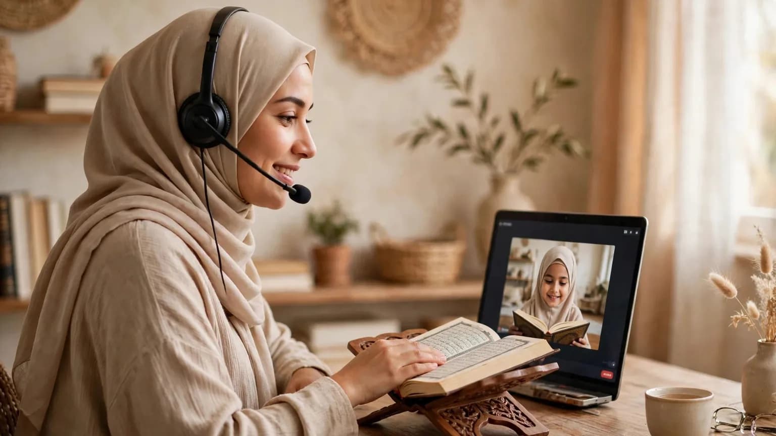 A female Quran teacher teaching a student online over a laptop video call