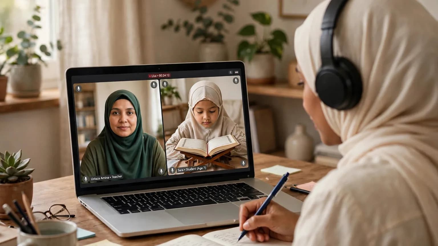 A female supervisor listening to a live one-to-one online Quran lesson between a teacher and a young girl