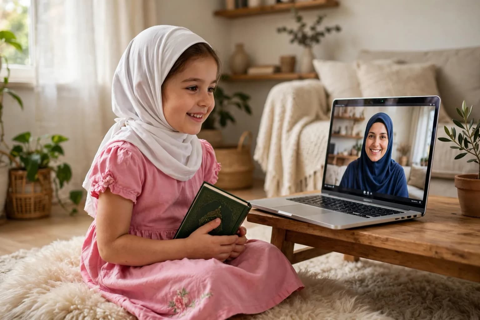 A smiling girl in a white scarf holding her Quran during a live one-to-one online class with a female teacher on the laptop