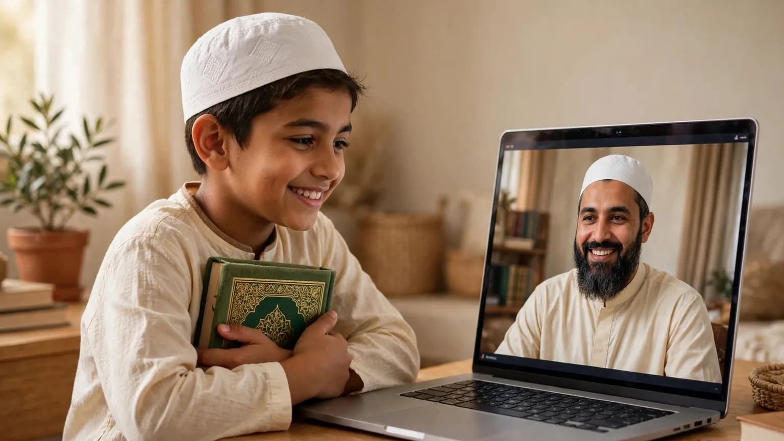 A proud boy hugging the Quran after a Hifz lesson with his teacher
