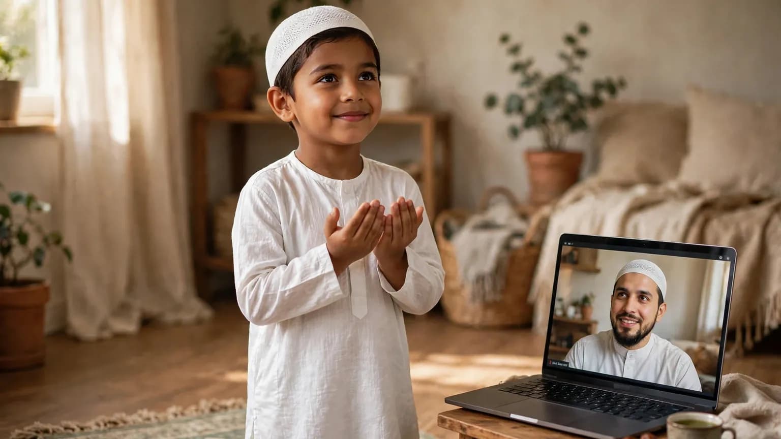 A boy in a kufi making dua on a prayer mat while his Islamic Studies teacher smiles on a laptop