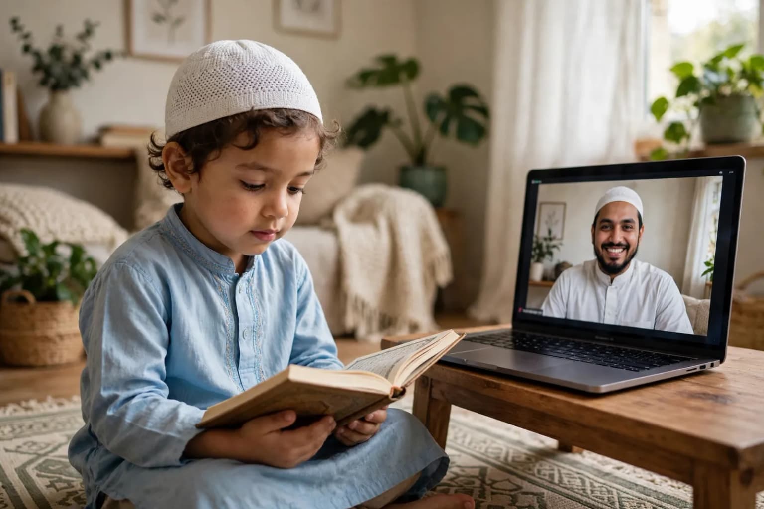 A young boy reading the Quran at home while his male teacher smiles from a live one-to-one online class on the laptop