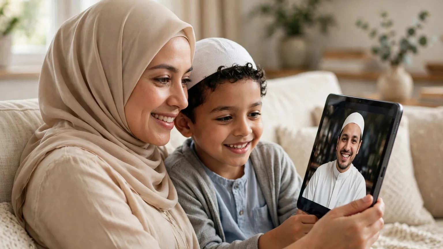 A mother and son joining a live online Quran lesson on a tablet