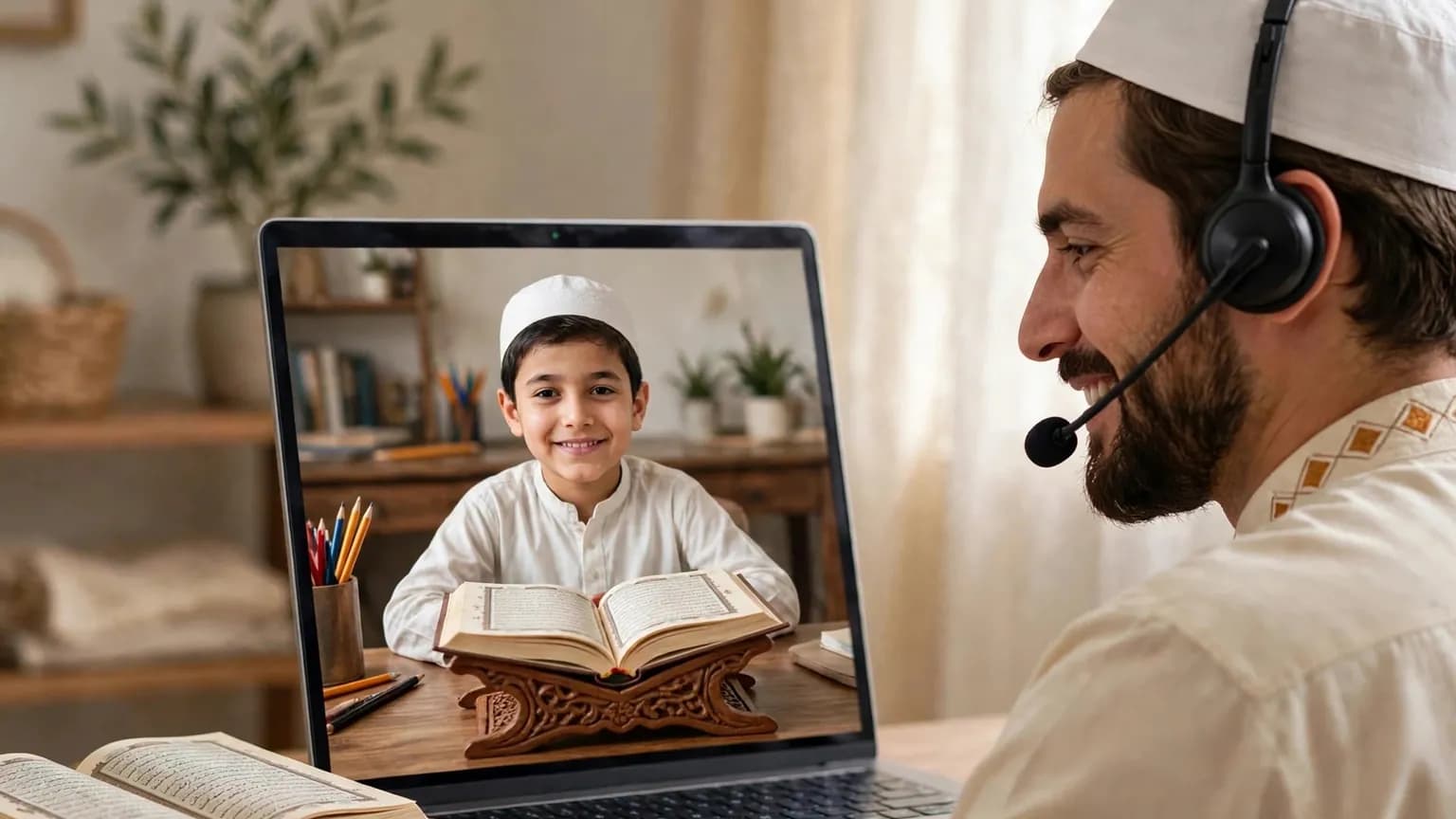 A male Quran teacher teaching a boy online over a laptop video call