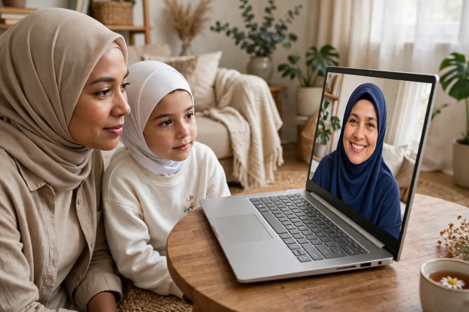 A mother sitting beside her daughter, watching a live one-to-one online Quran class with a smiling female teacher