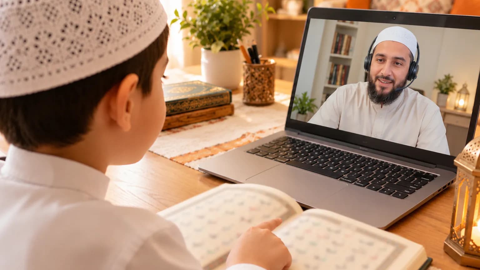 A boy pointing at Arabic letters during a live online Qaida lesson