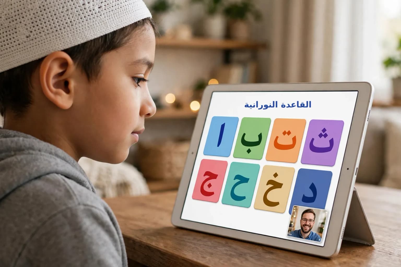 A boy looking at colourful Arabic letter cards on a tablet during a live Noorani Qaida lesson, with his teacher on video