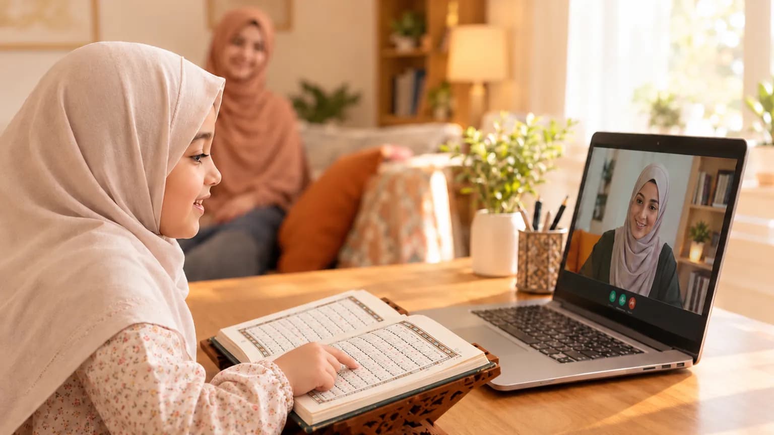 A girl reading the Quran on a rehal while her teacher listens online