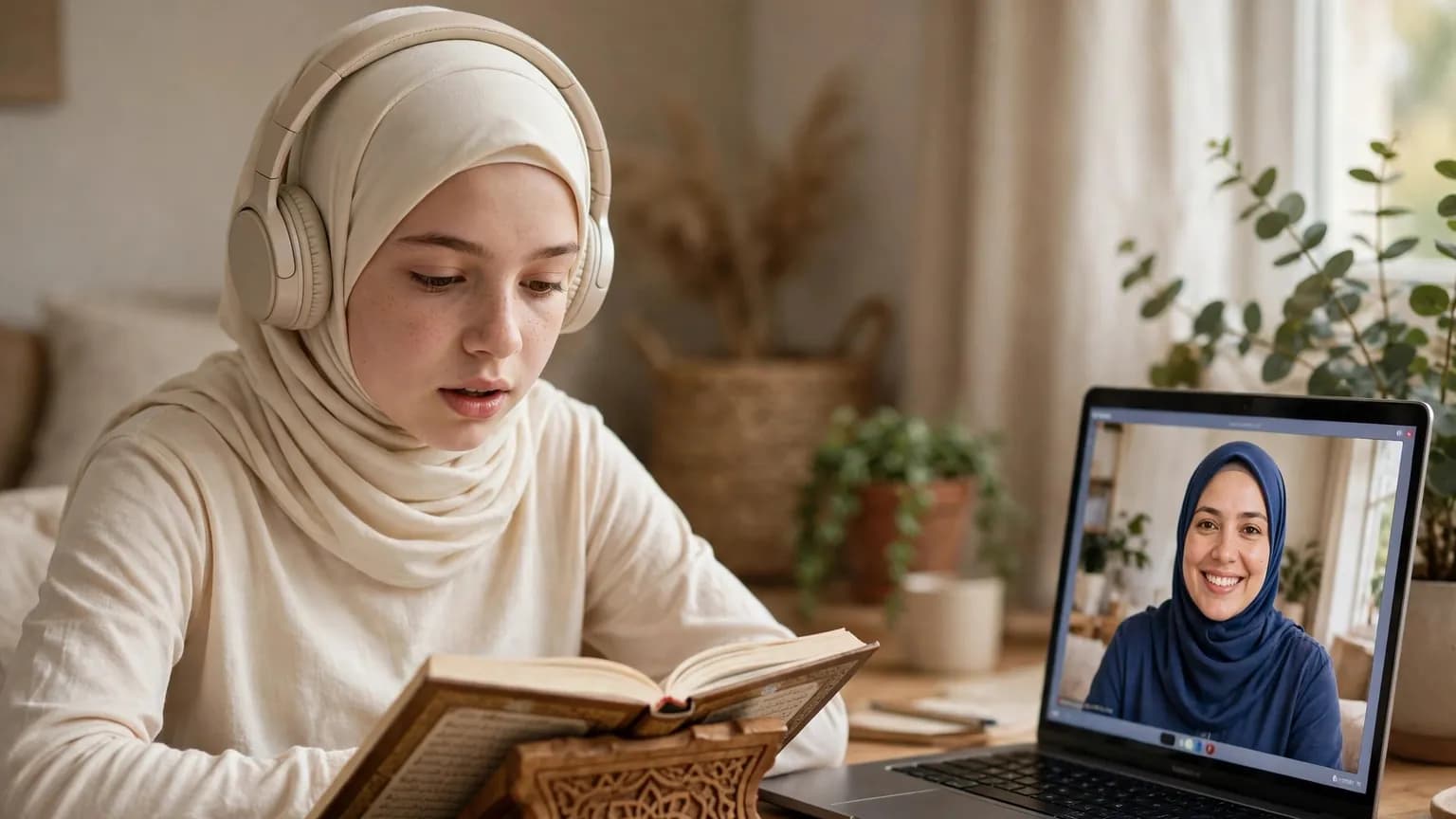 A student reciting with headphones while the teacher follows on screen