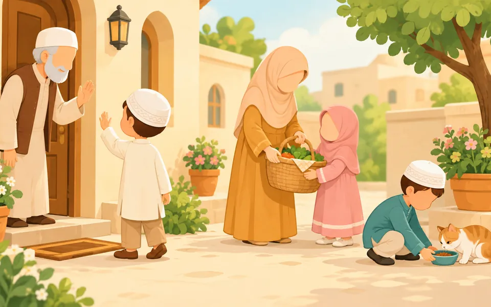 Children greeting an elderly man, sharing a basket of food and feeding a cat outside their home