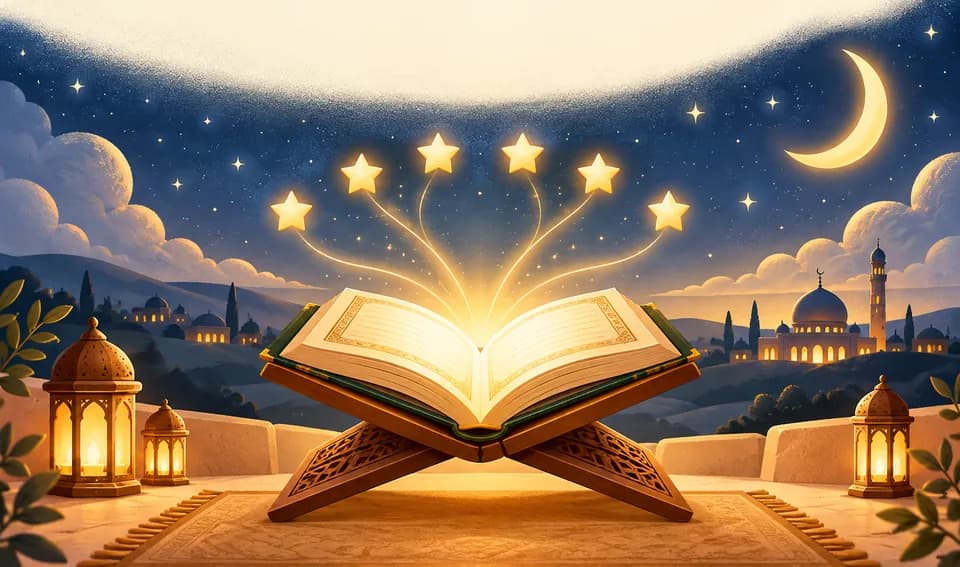 An open Quran on a wooden rehal glowing under a starry night sky with a crescent moon, lanterns and a mosque