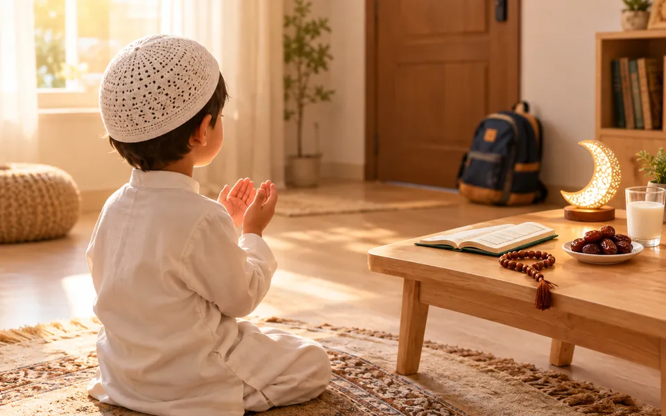 A young boy in a white kufi making dua with raised hands on a rug at home, with a Quran, tasbih and dates nearby