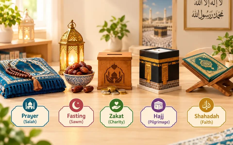 A prayer mat, dates, a charity box, a model Kaaba and a Quran on a rehal, labelled with the five pillars of Islam
