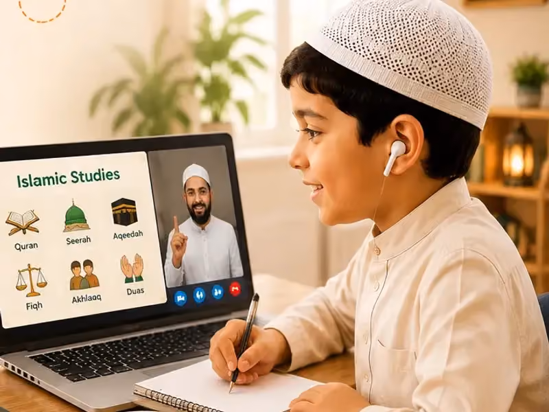 A child taking notes in a live Islamic Studies lesson
