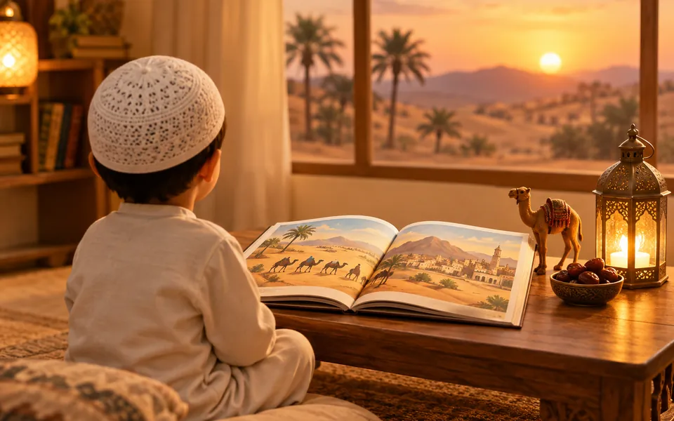 A boy reading an illustrated Seerah book with camels and an old desert town, beside a lantern and dates