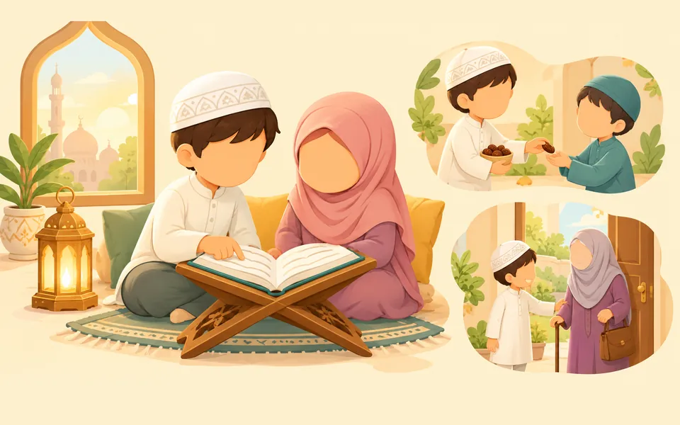 A boy and girl reading together on a rehal, with scenes of children sharing dates and helping an elderly woman