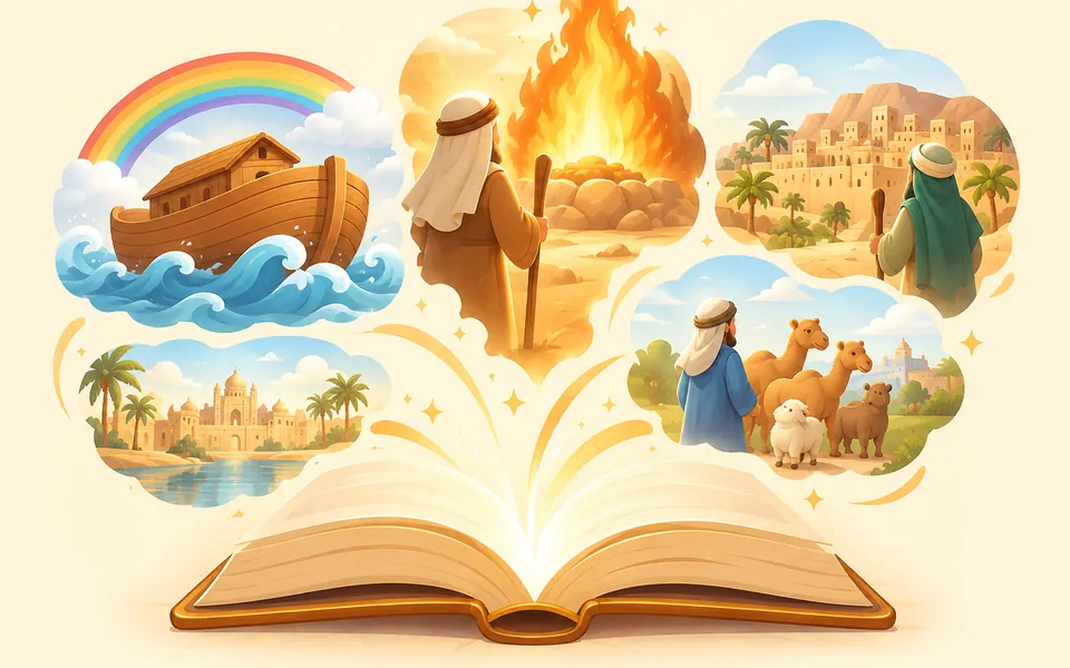An open storybook with scenes from the stories of the Prophets rising from its pages, including the ark and the fire