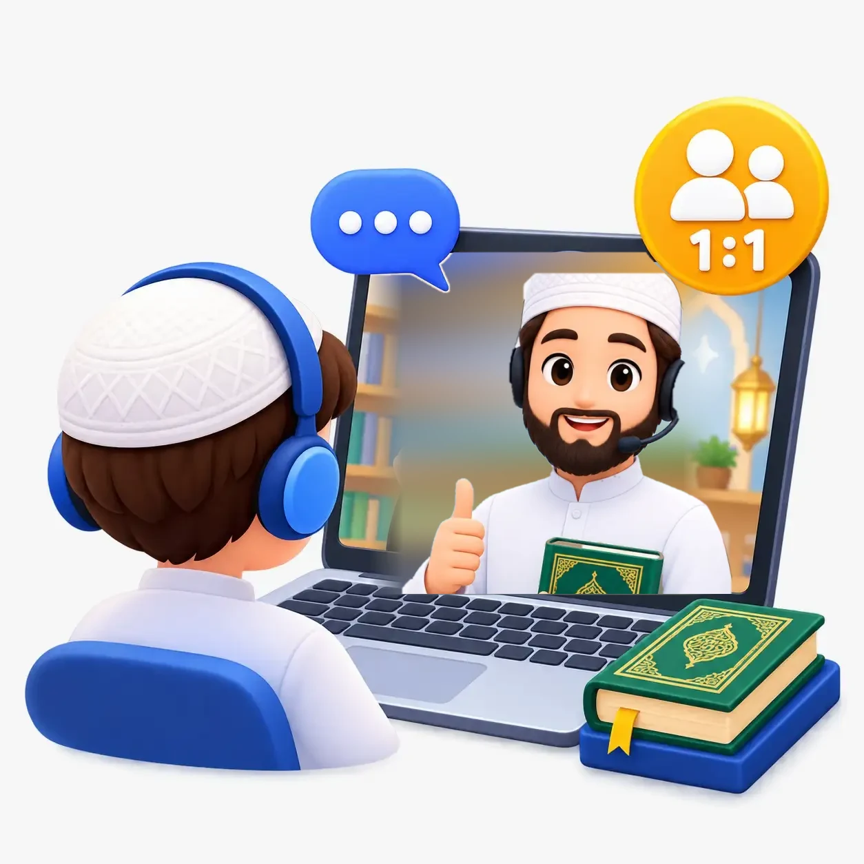 A male Quran teacher teaching a boy online over a laptop video call