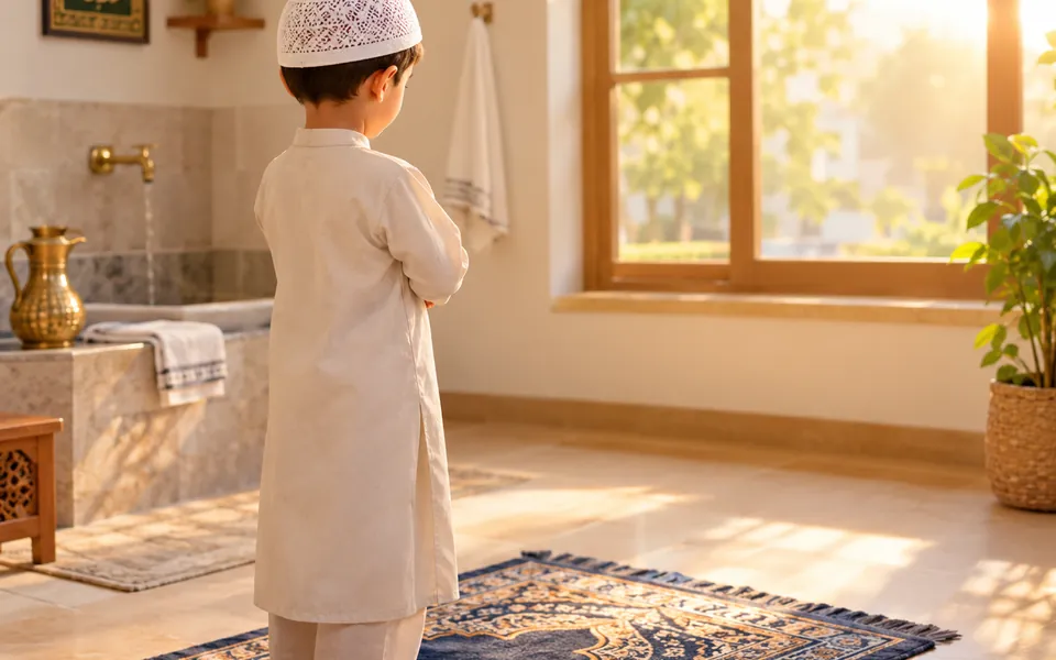 A young boy in a white kufi standing in prayer on a prayer mat beside a wudu area with a brass jug