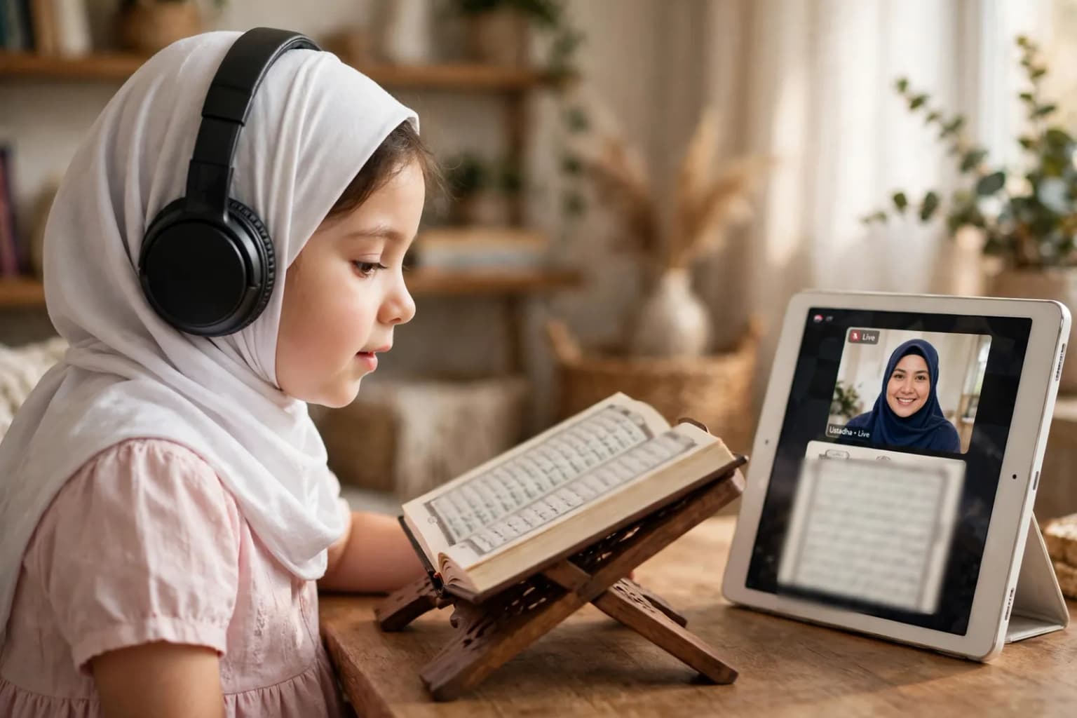 A girl in headphones reading the Quran on a wooden rehal while her female teacher follows on a live call