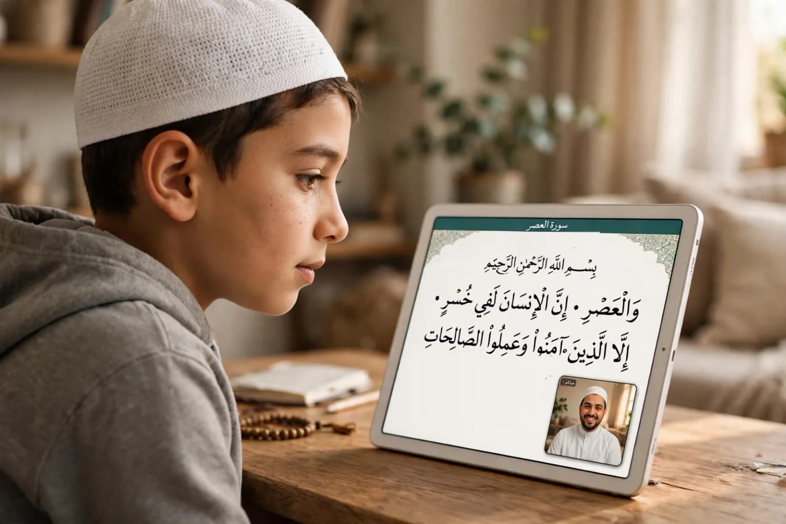 A boy memorising Surah Al-Asr from a tablet while his Hifz teacher listens on a live video call